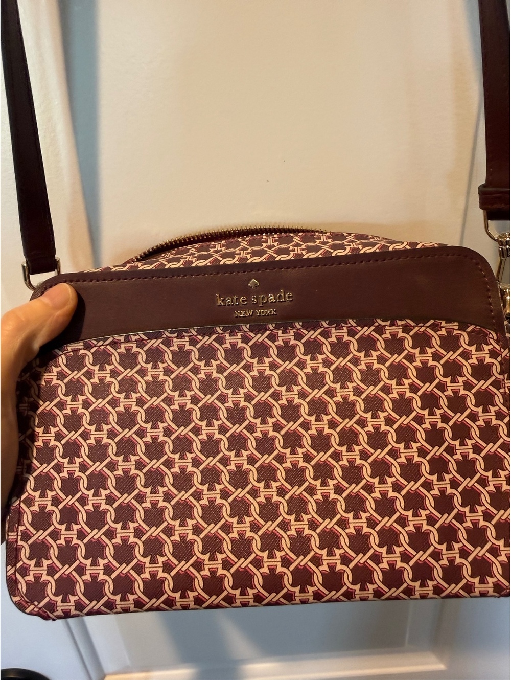 Kate Spade New York Burgundy Spade Print Crossbody Camera Bag Adjustable Strap
